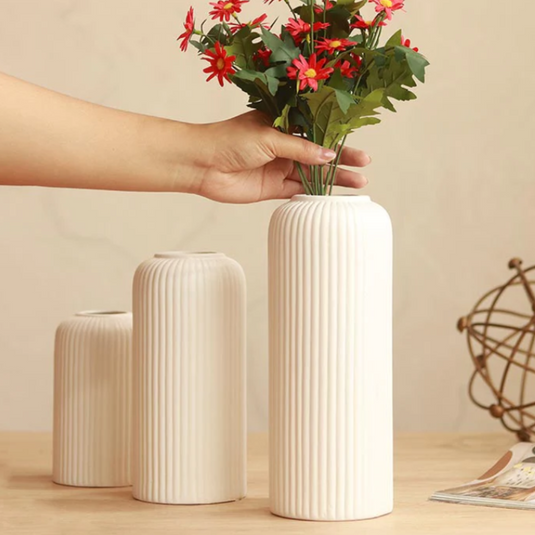 Modern Ceramic White Flower Vase Set of 3pcs-(White Matt)