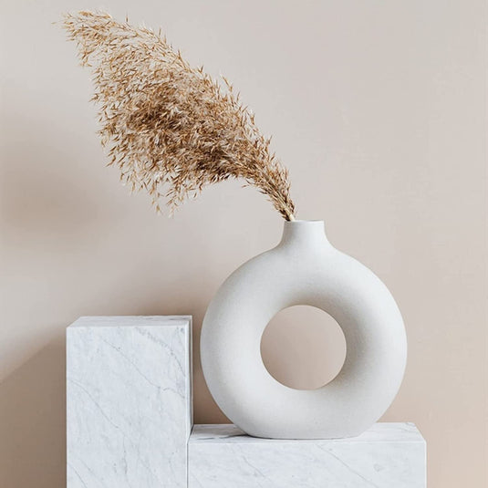 Donut Ceramic Vase for Pampas Grass -6inch off White