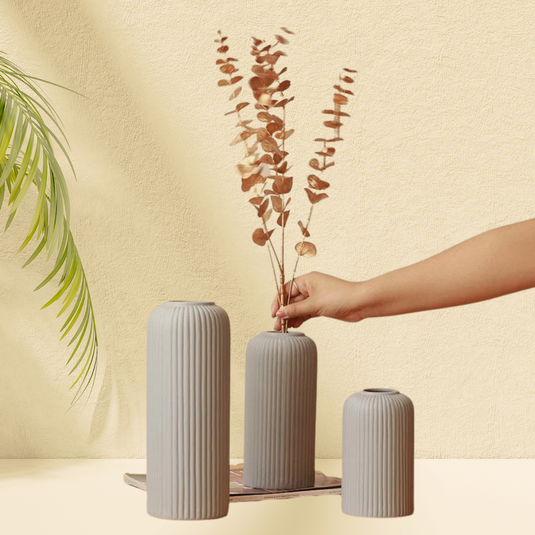 Modern Design Ceramic Flower Vase Set of 3 pcs (Grey Matt)